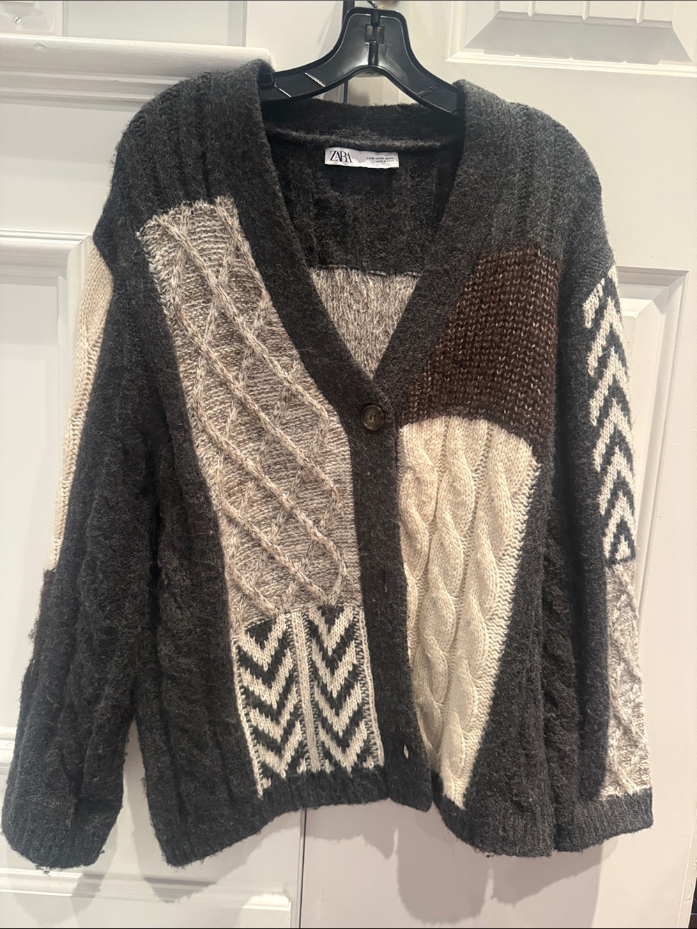 Zara Patchwork Cable Knit Cardigan - Gray, Cream & Brown